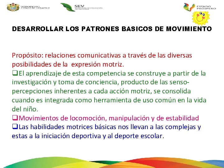 DESARROLLAR LOS PATRONES BASICOS DE MOVIMIENTO Propósito: relaciones comunicativas a través de las diversas