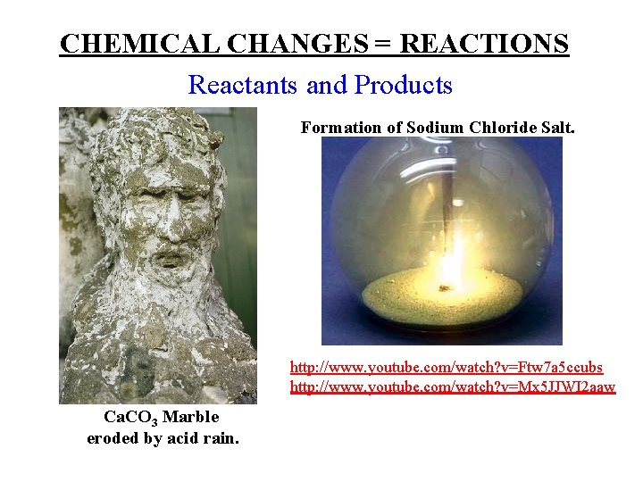 CHEMICAL CHANGES = REACTIONS Reactants and Products Formation of Sodium Chloride Salt. http: //www.