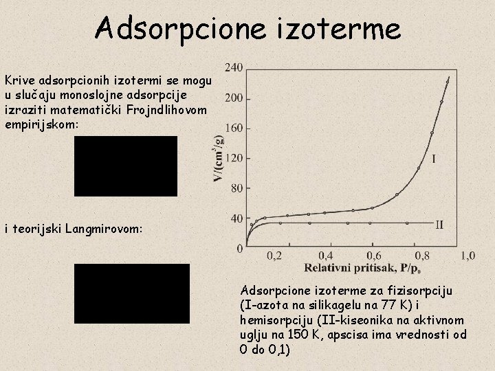 Adsorpcione izoterme Krive adsorpcionih izotermi se mogu u slučaju monoslojne adsorpcije izraziti matematički Frojndlihovom
