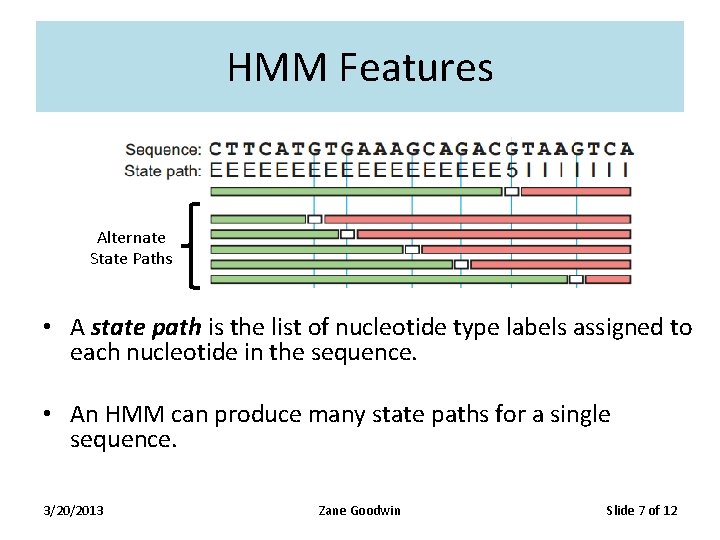 HMM Features Alternate State Paths • A state path is the list of nucleotide HMM Features Alternate State Paths • A state path is the list of nucleotide