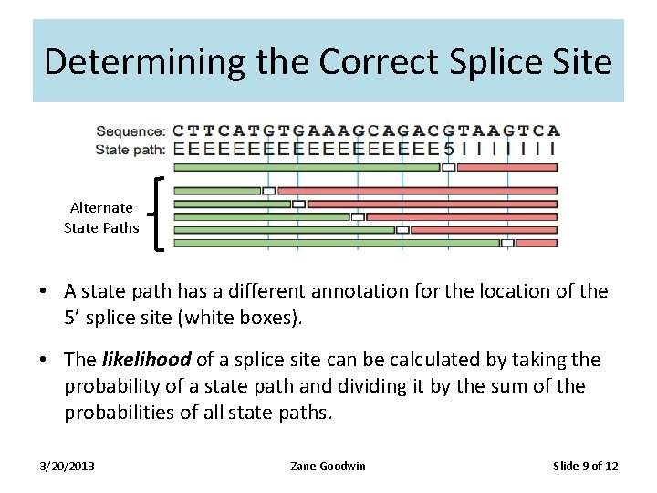 Determining the Correct Splice Site Alternate State Paths • A state path has a Determining the Correct Splice Site Alternate State Paths • A state path has a
