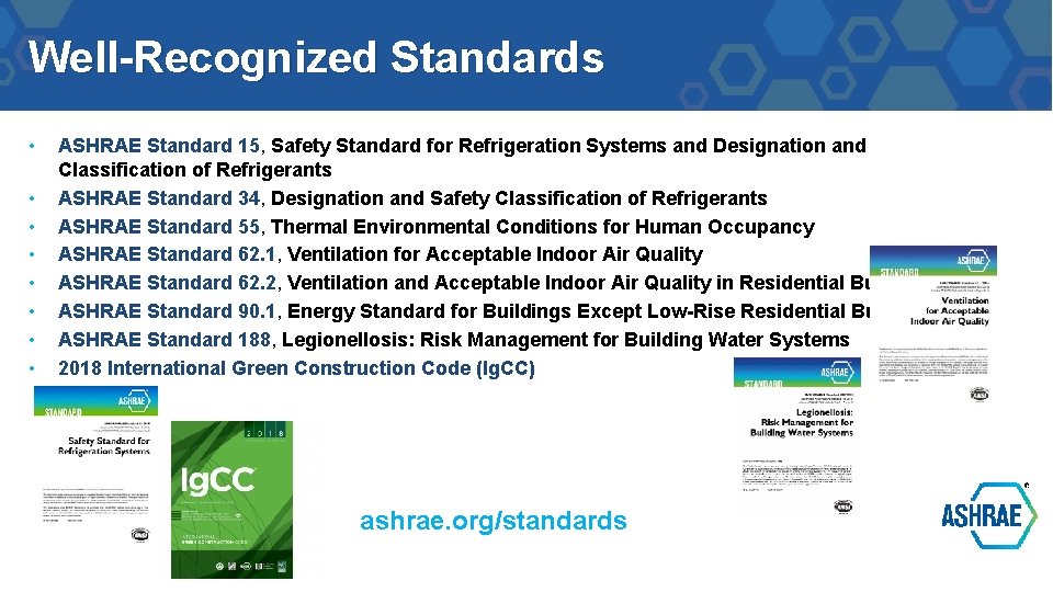Well-Recognized Standards • • ASHRAE Standard 15, Safety Standard for Refrigeration Systems and Designation