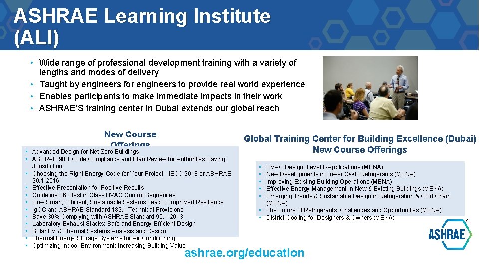 ASHRAE Learning Institute (ALI) • Wide range of professional development training with a variety