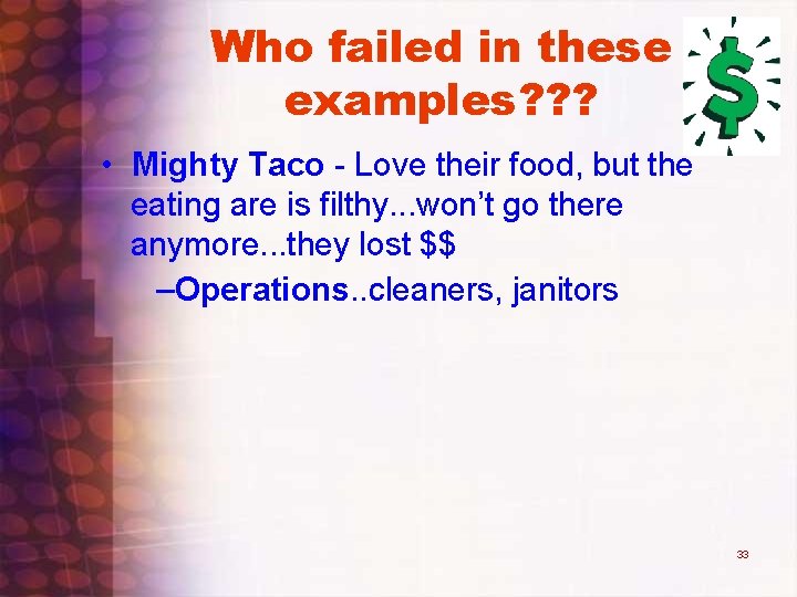 Who failed in these examples? ? ? • Mighty Taco - Love their food, Who failed in these examples? ? ? • Mighty Taco - Love their food,