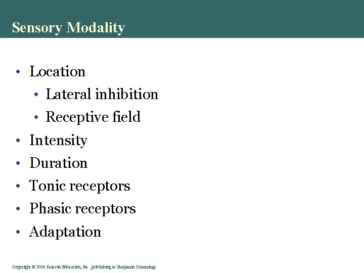 Sensory Modality • Location • Lateral inhibition • Receptive field • Intensity • Duration