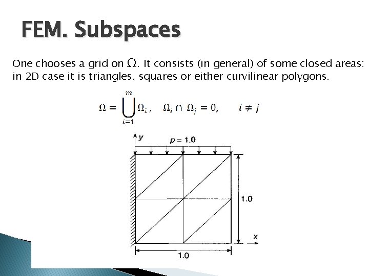 FEM. Subspaces One chooses a grid on Ω. It consists (in general) of some