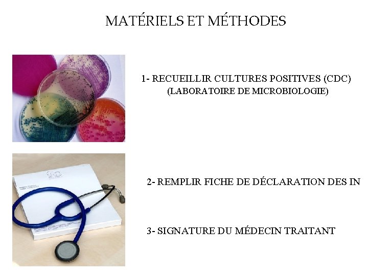 MATÉRIELS ET MÉTHODES 1 - RECUEILLIR CULTURES POSITIVES (CDC) (LABORATOIRE DE MICROBIOLOGIE) 2 -