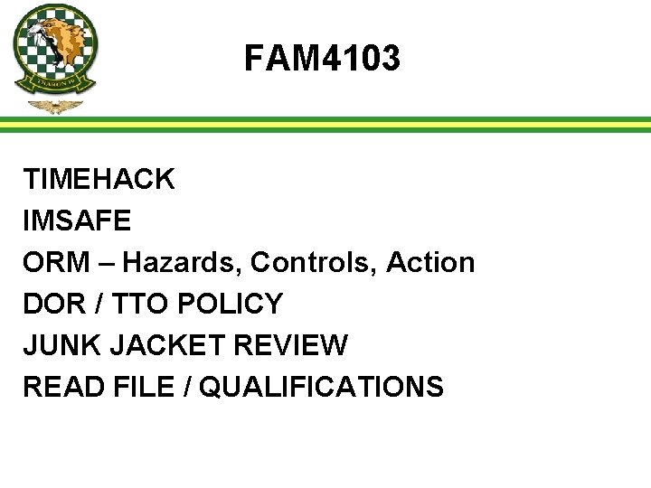 FAM 4103 TIMEHACK IMSAFE ORM – Hazards, Controls, Action DOR / TTO POLICY JUNK