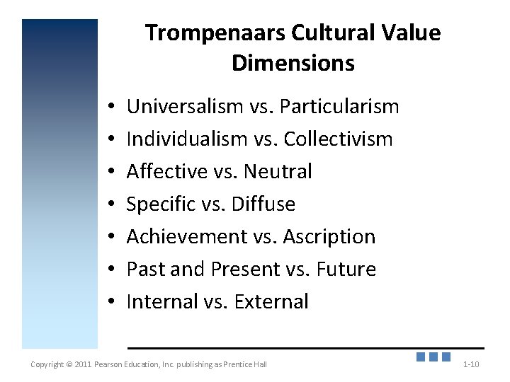 Trompenaars Cultural Value Dimensions • • Universalism vs. Particularism Individualism vs. Collectivism Affective vs.