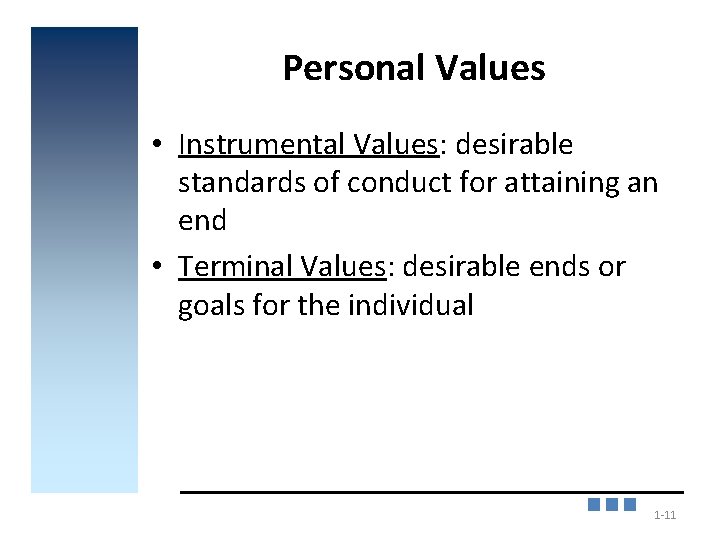 Personal Values • Instrumental Values: desirable standards of conduct for attaining an end •