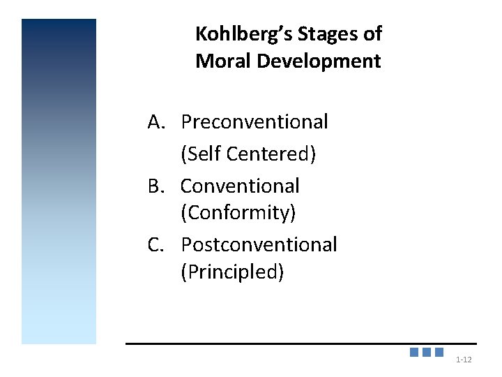 Kohlberg’s Stages of Moral Development A. Preconventional (Self Centered) B. Conventional (Conformity) C. Postconventional