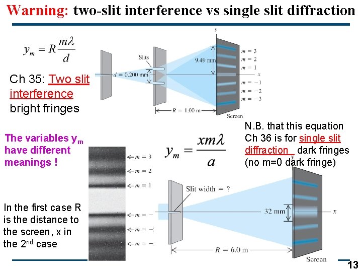 Warning: two-slit interference vs single slit diffraction Ch 35: Two slit interference bright fringes