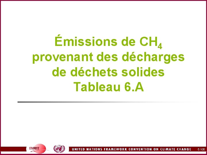 Émissions de CH 4 provenant des décharges de déchets solides Tableau 6. A 5.