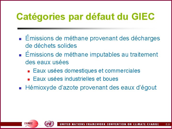 Catégories par défaut du GIEC n n Émissions de méthane provenant des décharges de