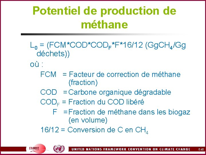 Potentiel de production de méthane L 0 = (FCM*CODF*F*16/12 (Gg. CH 4/Gg déchets)) où