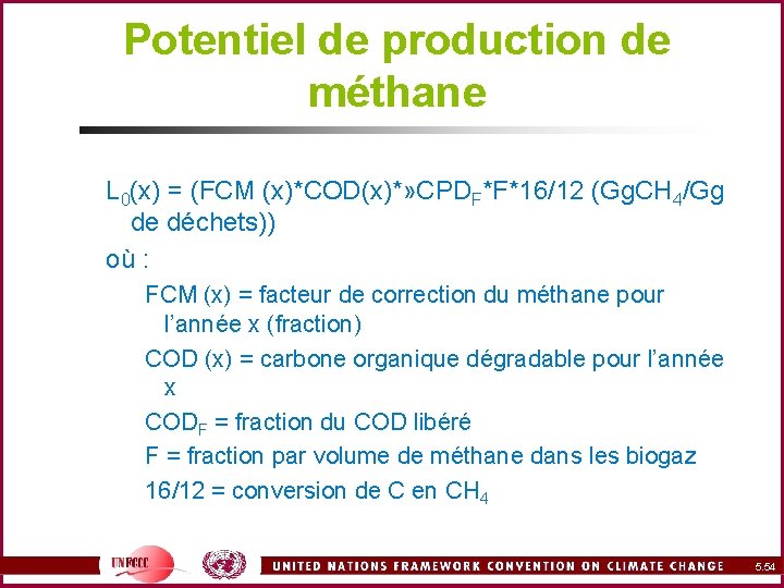 Potentiel de production de méthane L 0(x) = (FCM (x)*COD(x)*» CPDF*F*16/12 (Gg. CH 4/Gg