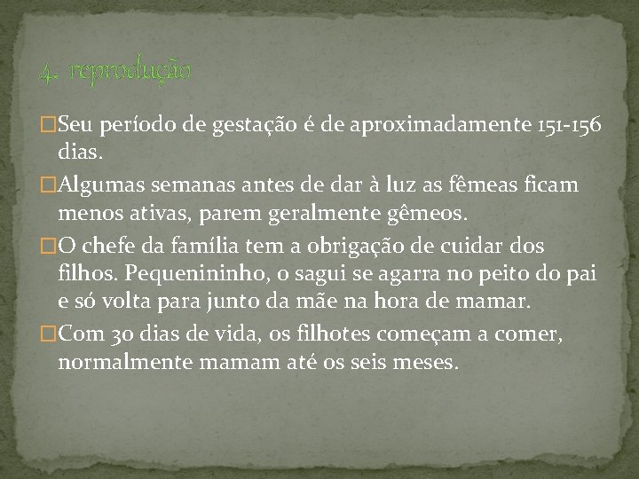 4. reprodução �Seu período de gestação é de aproximadamente 151 -156 dias. �Algumas semanas