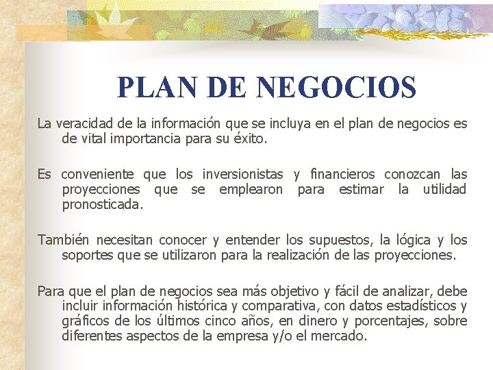 PLAN DE NEGOCIOS La veracidad de la información que se incluya en el plan