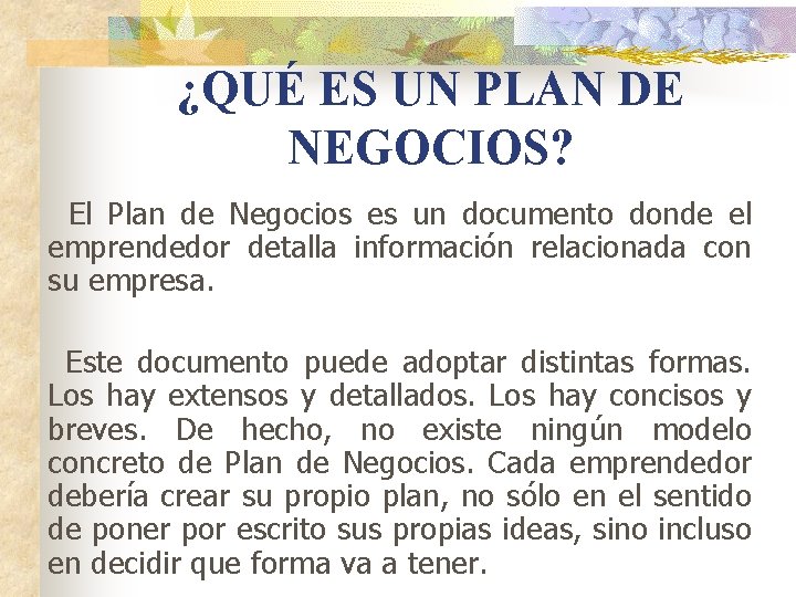 ¿QUÉ ES UN PLAN DE NEGOCIOS? El Plan de Negocios es un documento donde