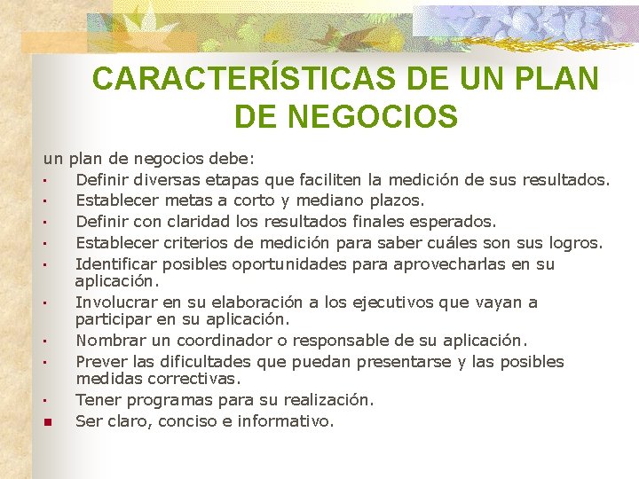 CARACTERÍSTICAS DE UN PLAN DE NEGOCIOS un plan de negocios debe: • Definir diversas