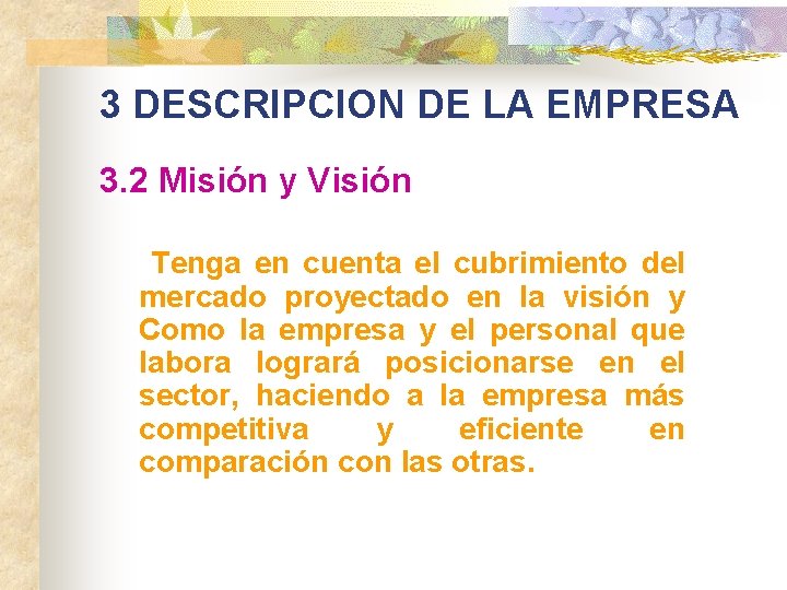 3 DESCRIPCION DE LA EMPRESA 3. 2 Misión y Visión Tenga en cuenta el