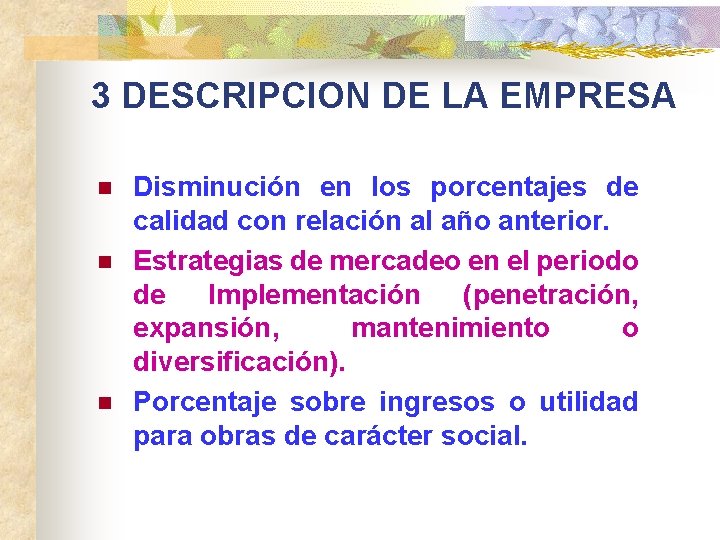 3 DESCRIPCION DE LA EMPRESA n n n Disminución en los porcentajes de calidad