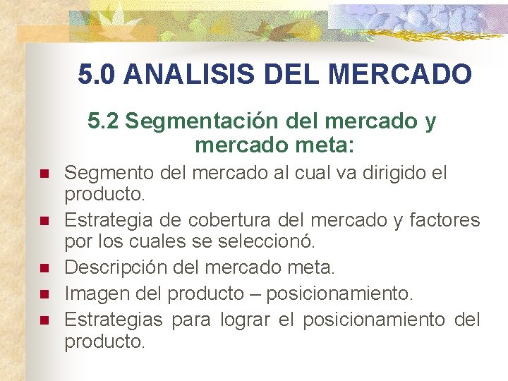 5. 0 ANALISIS DEL MERCADO 5. 2 Segmentación del mercado y mercado meta: n