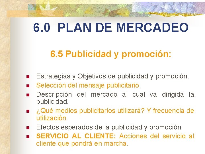 6. 0 PLAN DE MERCADEO 6. 5 Publicidad y promoción: n n n Estrategias