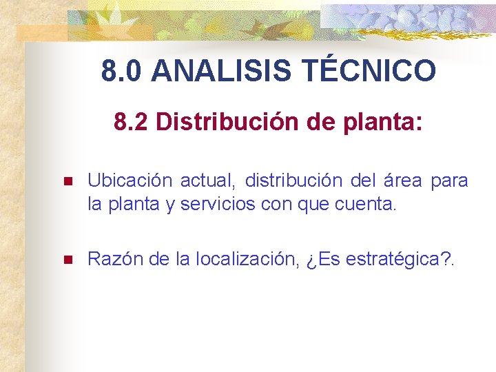 8. 0 ANALISIS TÉCNICO 8. 2 Distribución de planta: n Ubicación actual, distribución del