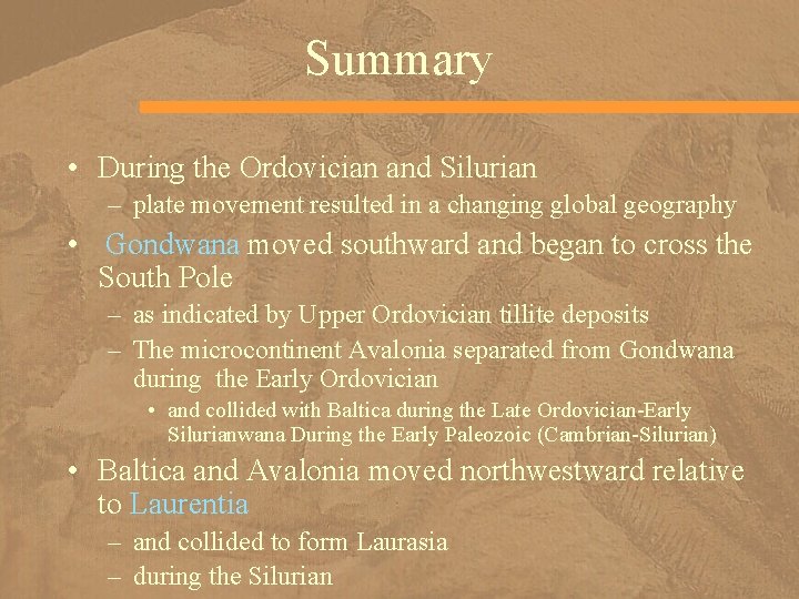Summary • During the Ordovician and Silurian – plate movement resulted in a changing