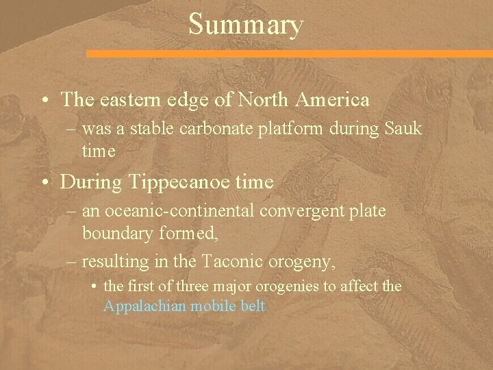 Summary • The eastern edge of North America – was a stable carbonate platform