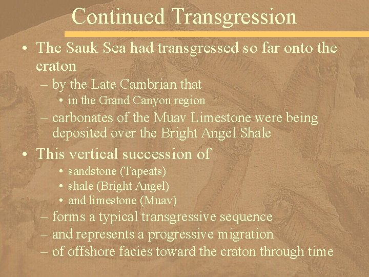 Continued Transgression • The Sauk Sea had transgressed so far onto the craton –