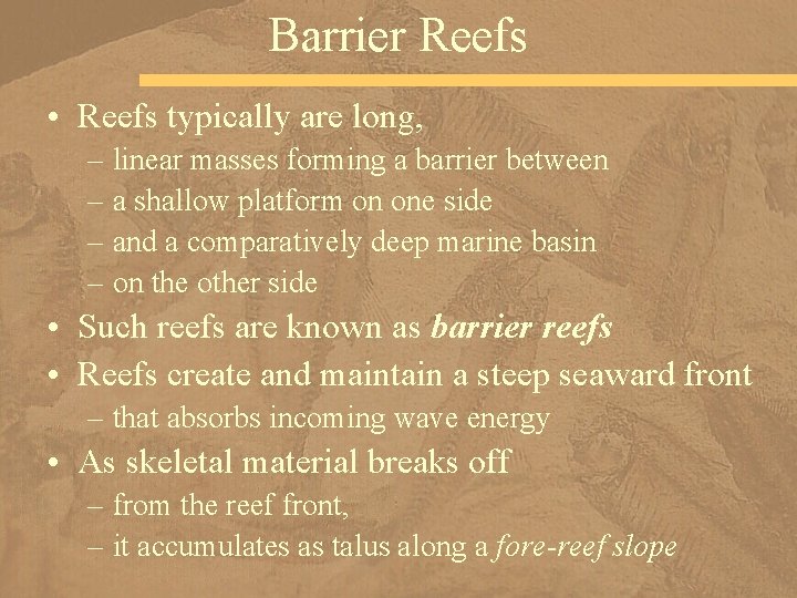 Barrier Reefs • Reefs typically are long, – linear masses forming a barrier between