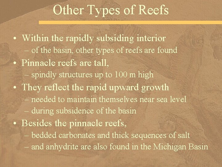 Other Types of Reefs • Within the rapidly subsiding interior – of the basin,