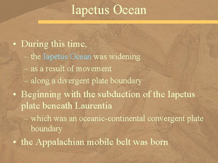 Iapetus Ocean • During this time, – the Iapetus Ocean was widening – as