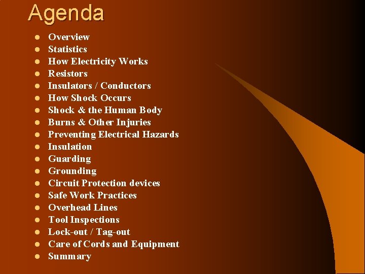 Agenda l l l l l Overview Statistics How Electricity Works Resistors Insulators /