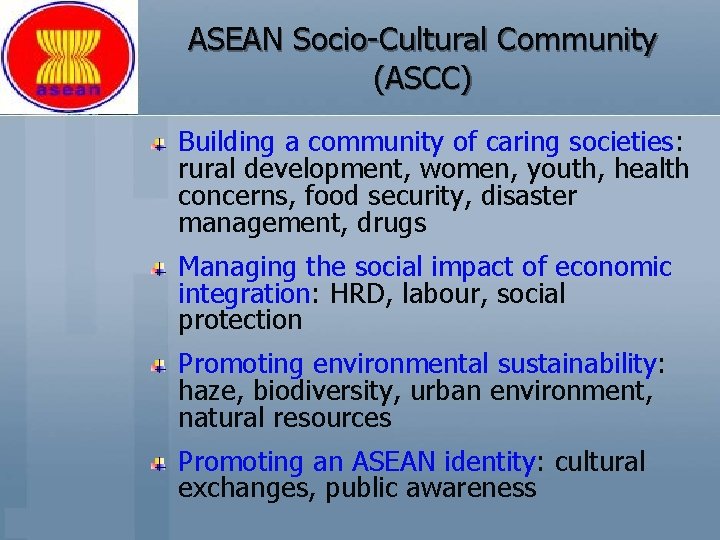 ASEAN Socio-Cultural Community (ASCC) Building a community of caring societies: rural development, women, youth,