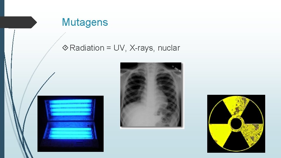 Mutagens Radiation = UV, X-rays, nuclar 