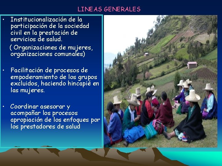 LINEAS GENERALES • Institucionalización de la participación de la sociedad civil en la prestación