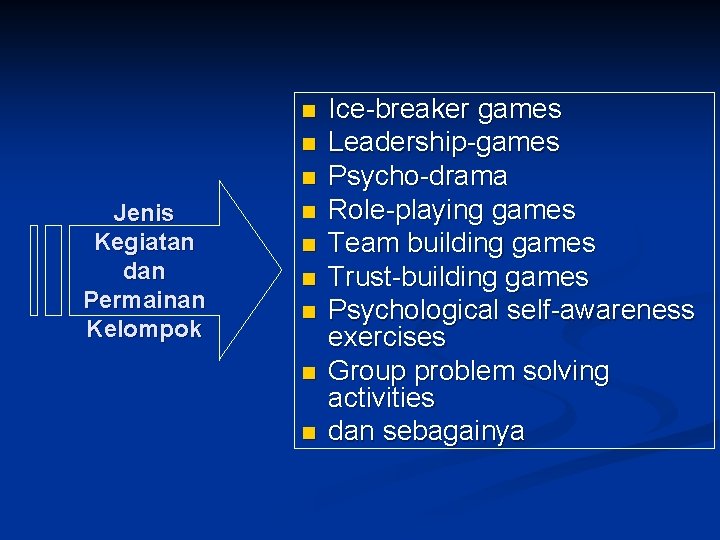 n n n Jenis Kegiatan dan Permainan Kelompok n n n Ice-breaker games Leadership-games