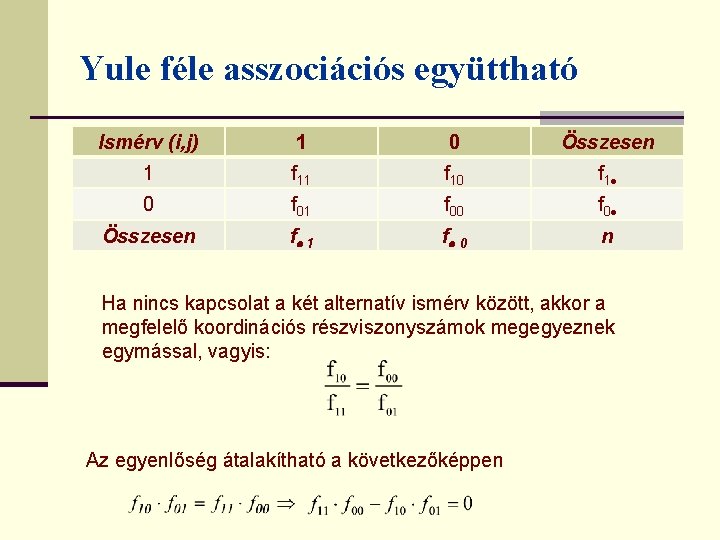 Yule féle asszociációs együttható Ismérv (i, j) 1 0 Összesen 1 f 10 f