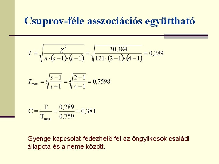 Csuprov-féle asszociációs együttható Gyenge kapcsolat fedezhető fel az öngyilkosok családi állapota és a neme