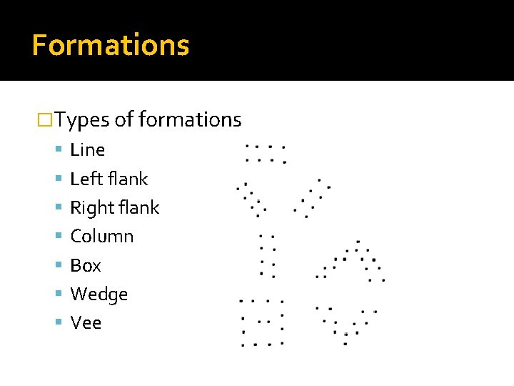 Formations �Types of formations Line Left flank Right flank Column Box Wedge Vee 