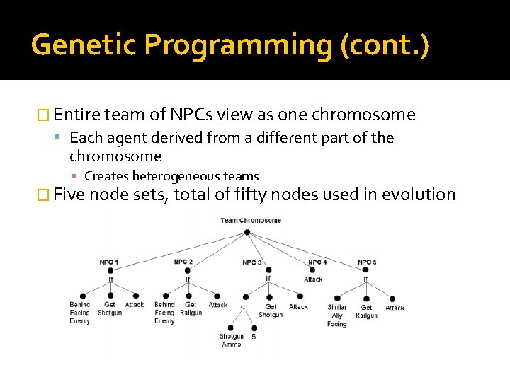 Genetic Programming (cont. ) � Entire team of NPCs view as one chromosome Each