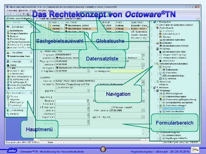 Das Rechtekonzept von Octoware®TN Sachgebietsauswahl Globalsuche Datensatzliste Aufbau einer Octoware®TN-Anwendung Navigation Formularbereich Hauptmenü Octoware