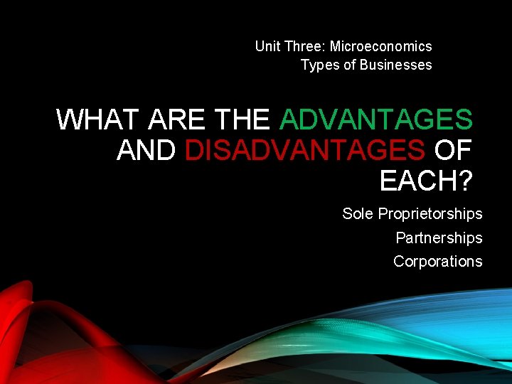 Unit Three: Microeconomics Types of Businesses WHAT ARE THE ADVANTAGES AND DISADVANTAGES OF EACH?