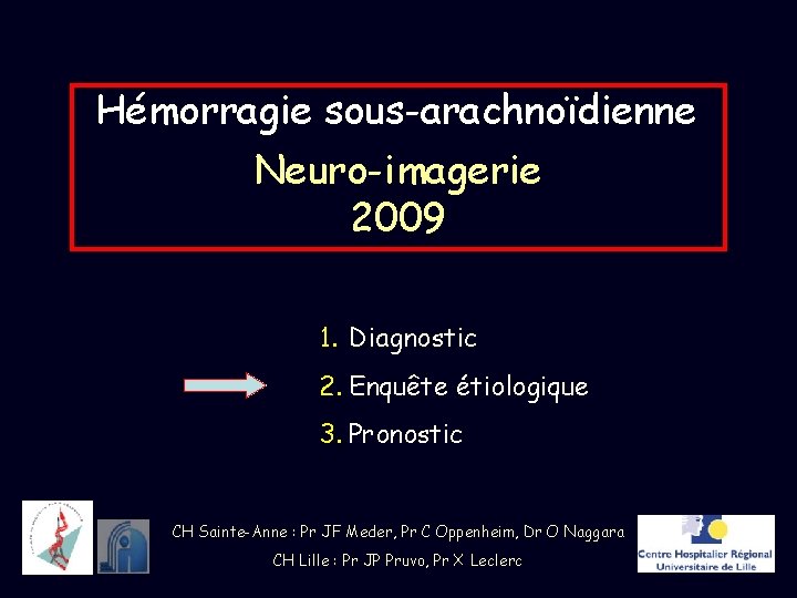 Hémorragie sous-arachnoïdienne Neuro-imagerie 2009 1. Diagnostic 2. Enquête étiologique 3. Pronostic CH Sainte-Anne :