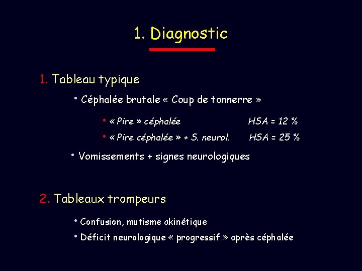 1. Diagnostic 1. Tableau typique • Céphalée brutale « Coup de tonnerre » •