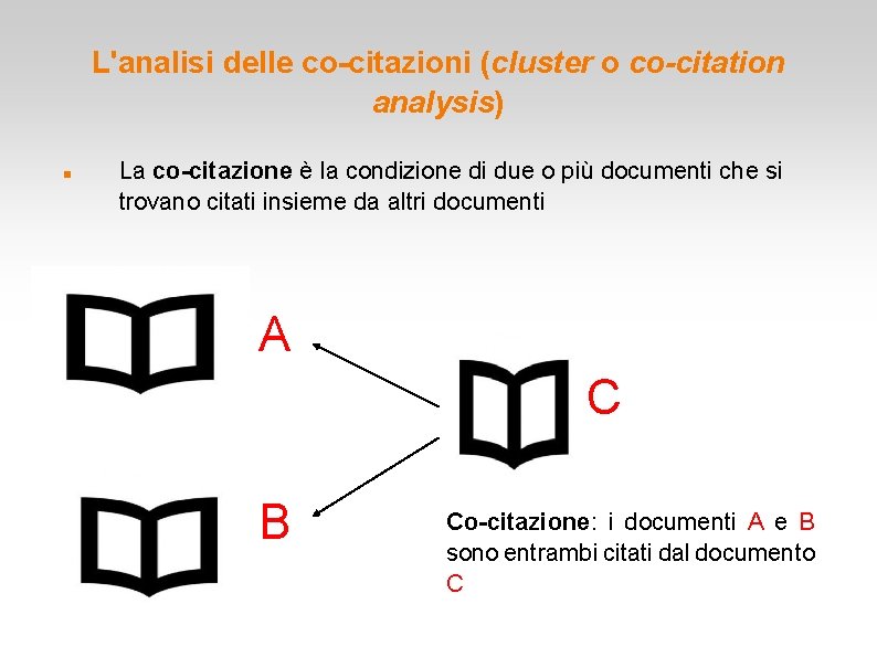 L'analisi delle co-citazioni (cluster o co-citation analysis) La co-citazione è la condizione di due L'analisi delle co-citazioni (cluster o co-citation analysis) La co-citazione è la condizione di due