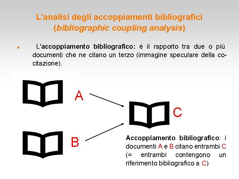 L'analisi degli accoppiamenti bibliografici (bibliographic coupling analysis) L'accoppiamento bibliografico: è il rapporto tra due L'analisi degli accoppiamenti bibliografici (bibliographic coupling analysis) L'accoppiamento bibliografico: è il rapporto tra due